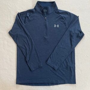 Under Armour Mens Medium Heat Gear 1/4 Zip Pullover Navy Blue Heathered Tech Top